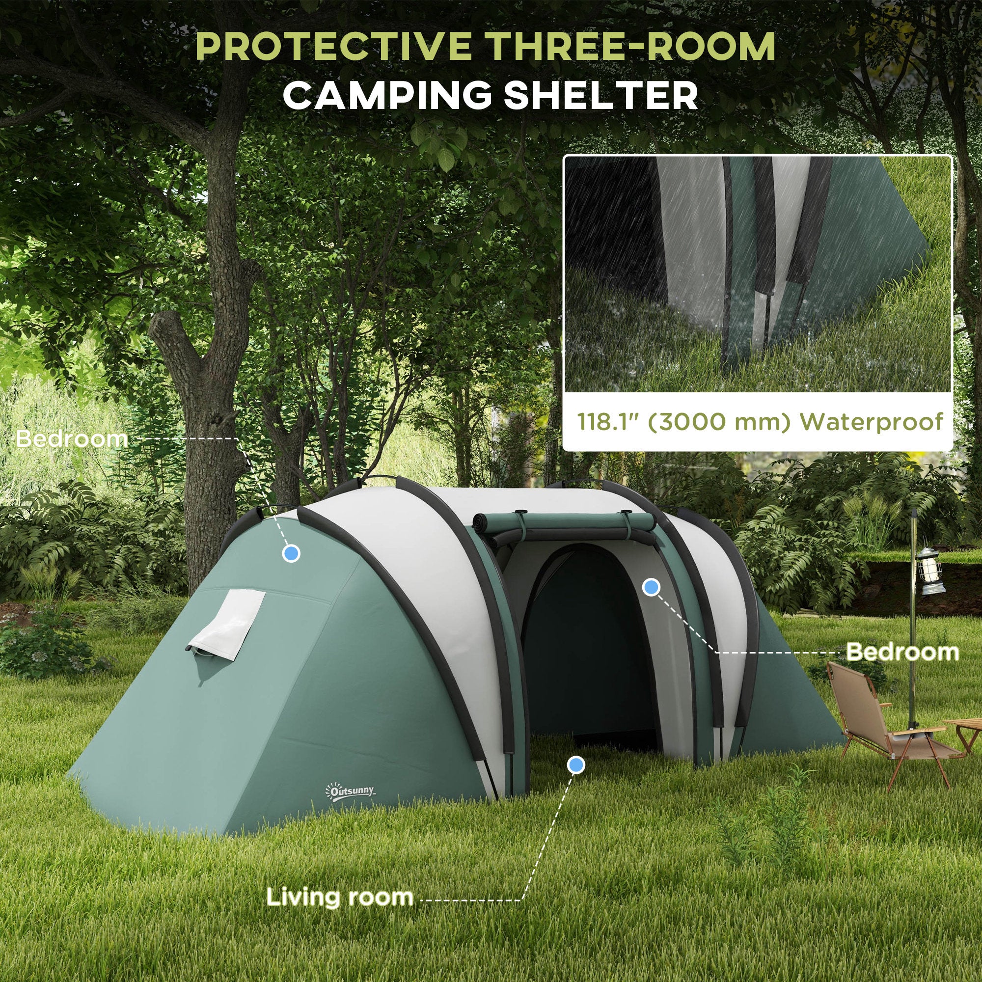 Camping Tent with 2 Bedrooms and Living Area, 3000mm Waterproof Family Tent, for Fishing Hiking Festival, Army Green