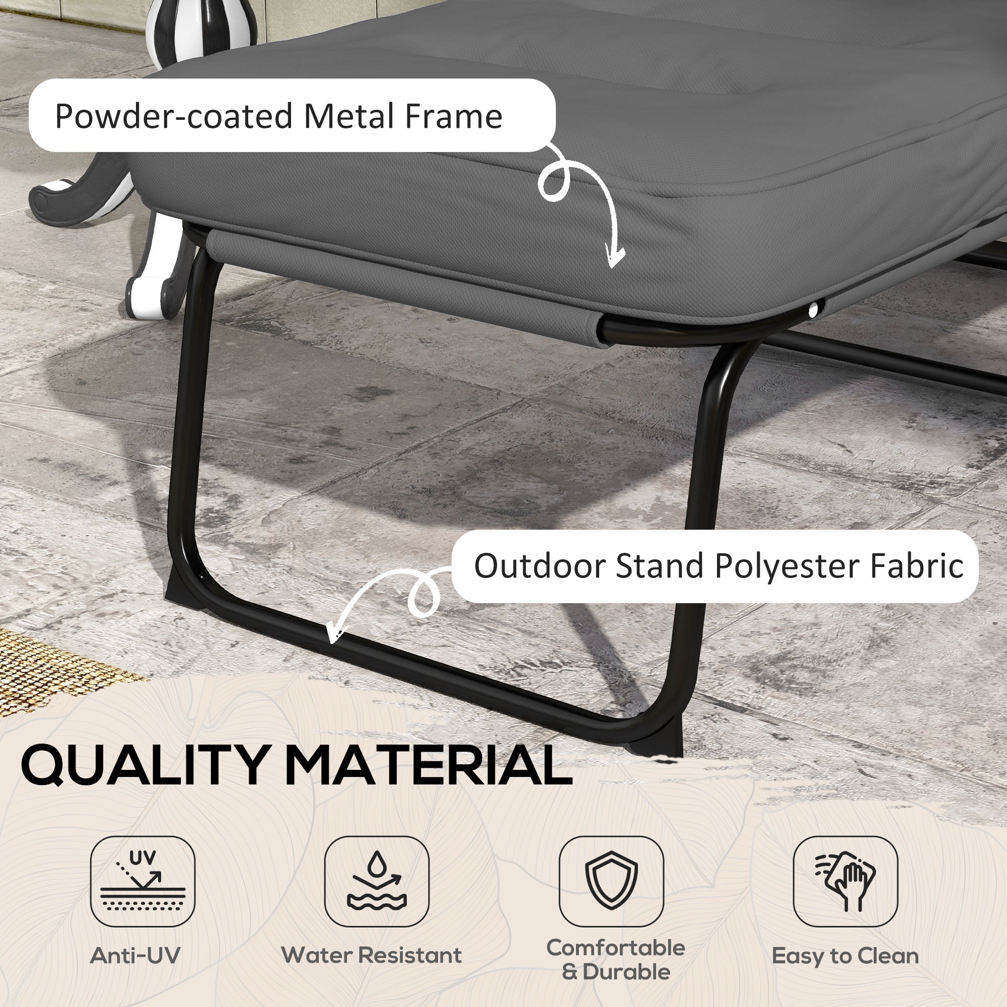 Outdoor Lounge Chair with Padded Cushion, Folding Reclining Patio Garden Chair with Recline Back, Footrest, for Poolside, Patio, Light Grey