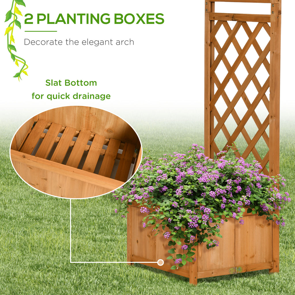 7.7FT Garden Arch with 2 Foldable Planter Boxes, Outdoor Wooden Trellis Arbor for Ceremony Party Weddings, Brown