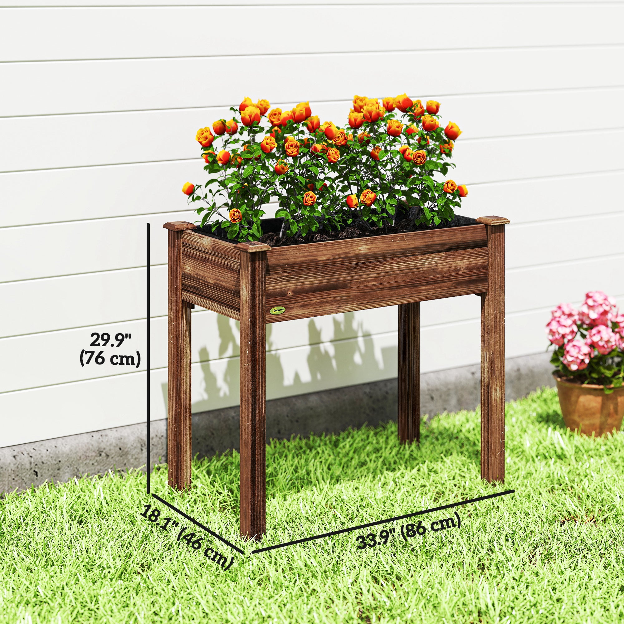 34" x 18" x 30" Wooden Patio Raised Garden Bed Planter, Elevated Planter Box with Legs, Carbonized