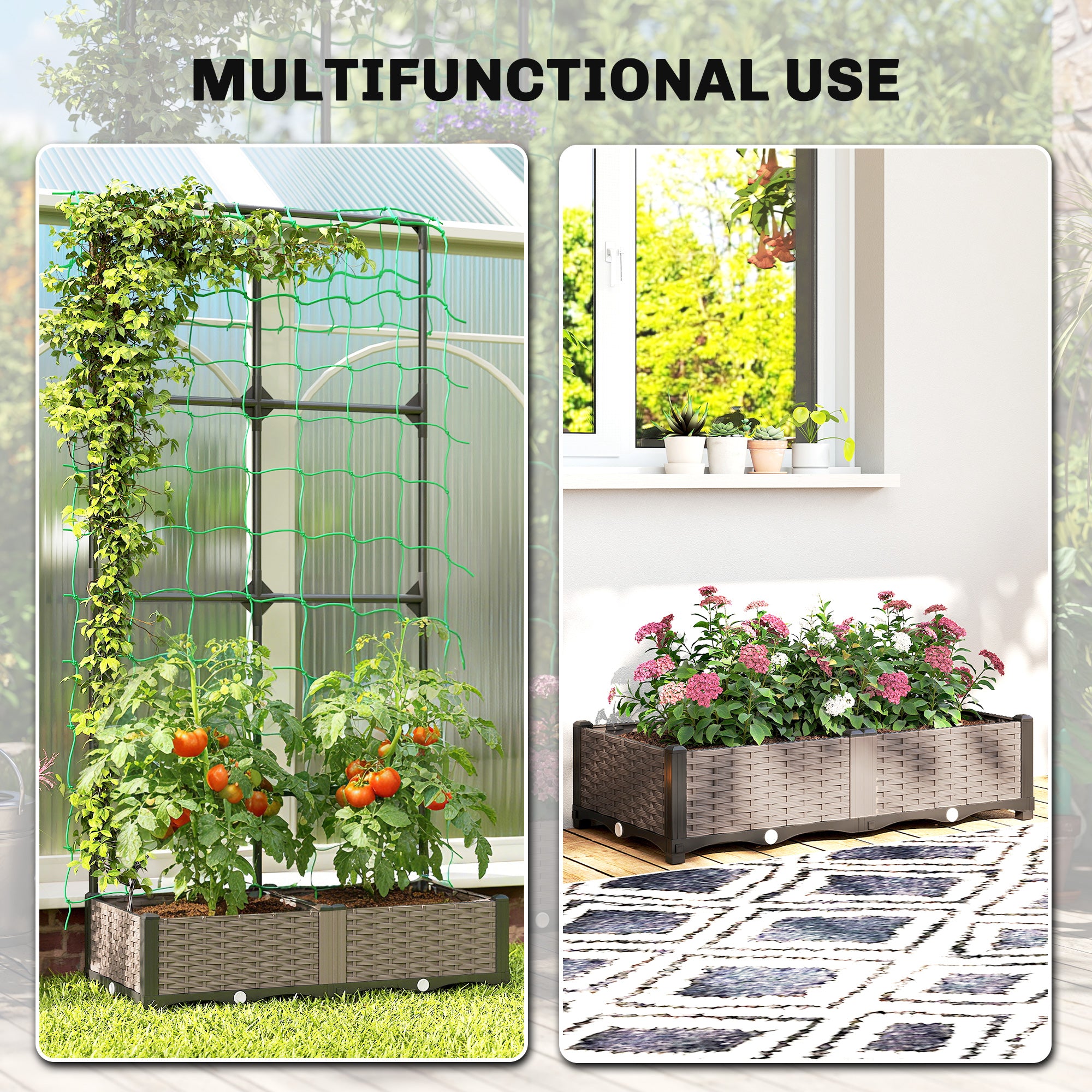 2PCS Plastic Planter Box with Trellis, Self-Watering Raised Garden Bed with Trellis and Netting