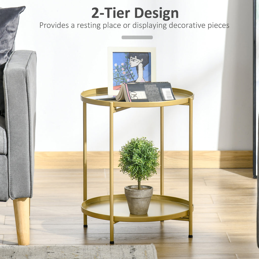 2-Tier Gold Side Table, Round Nightstand with Removable Trays Folding Metal Frame Adjustable Foot End Table for Living Room Bedroom