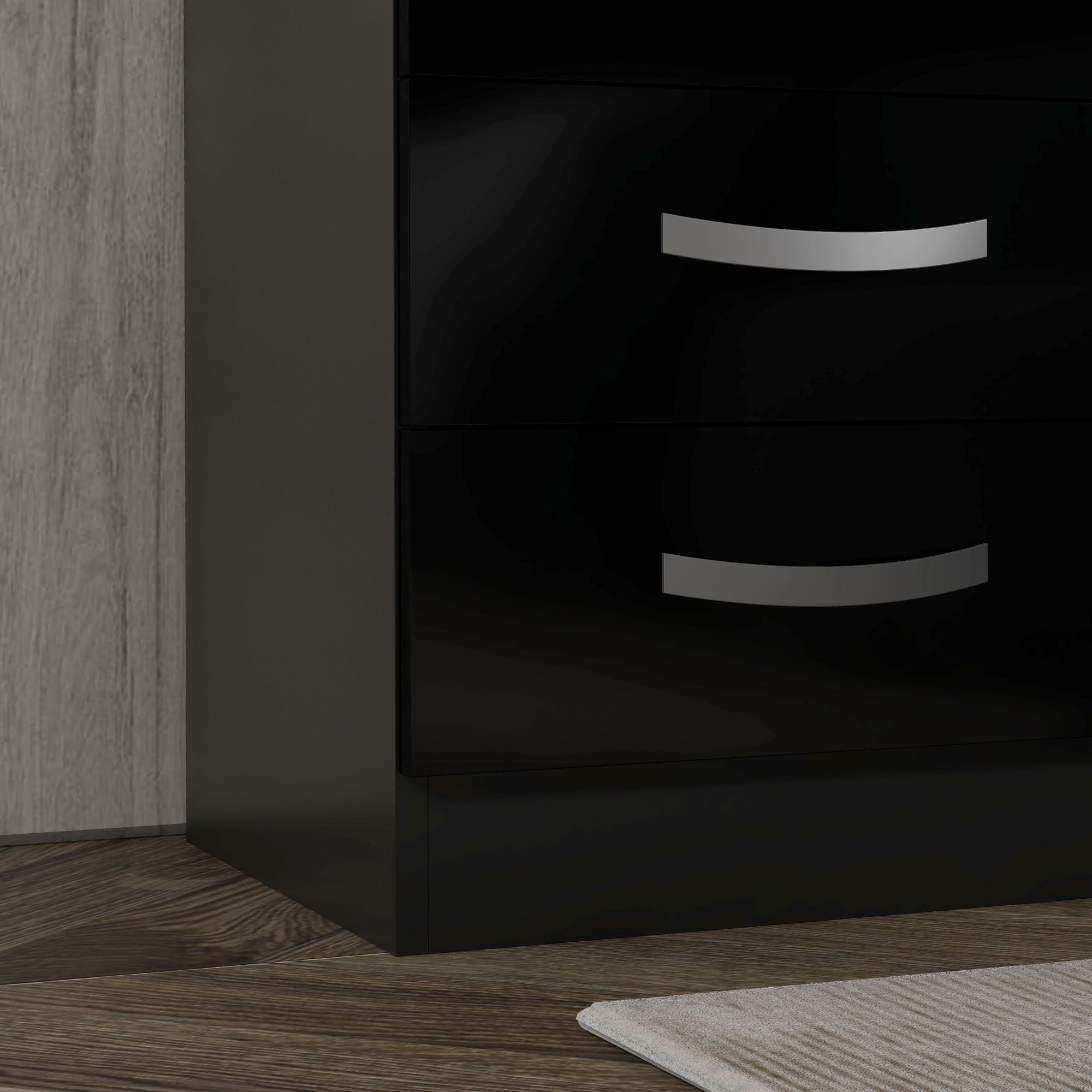Bedside Table Set of 2, Modern Nightstand with Drawers and High Gloss Fronts, Night Table for Bedroom, Black