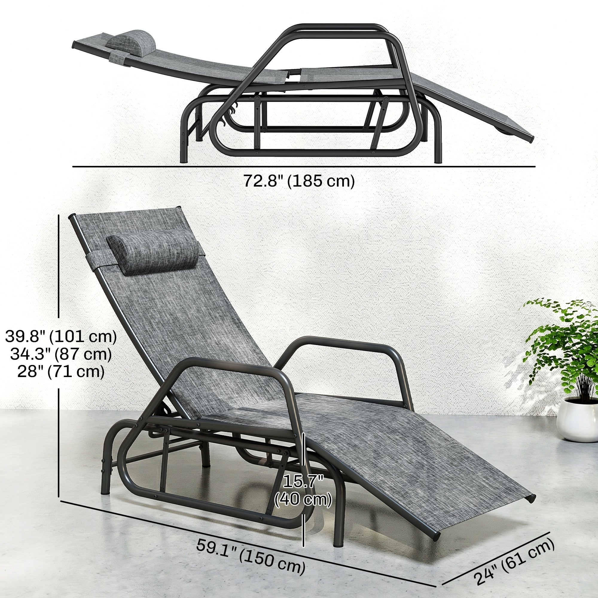 Outdoor Glider Lounge Chair, 3-Position Adjustable Tanning Chair Recliner with Headrest for Garden, Yard, Pool, Grey