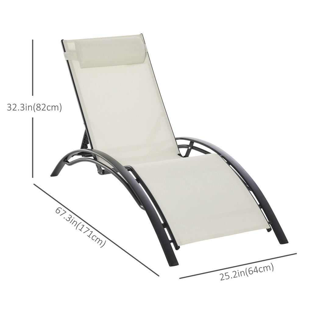 Patio Lounge Chair, Aluminum Reclining Outdoor Tanning Chair with 5-Level Adjustable Backrest, Head Pillow and Breathable Mesh Fabric, for Pool, Deck, Garden, Beige