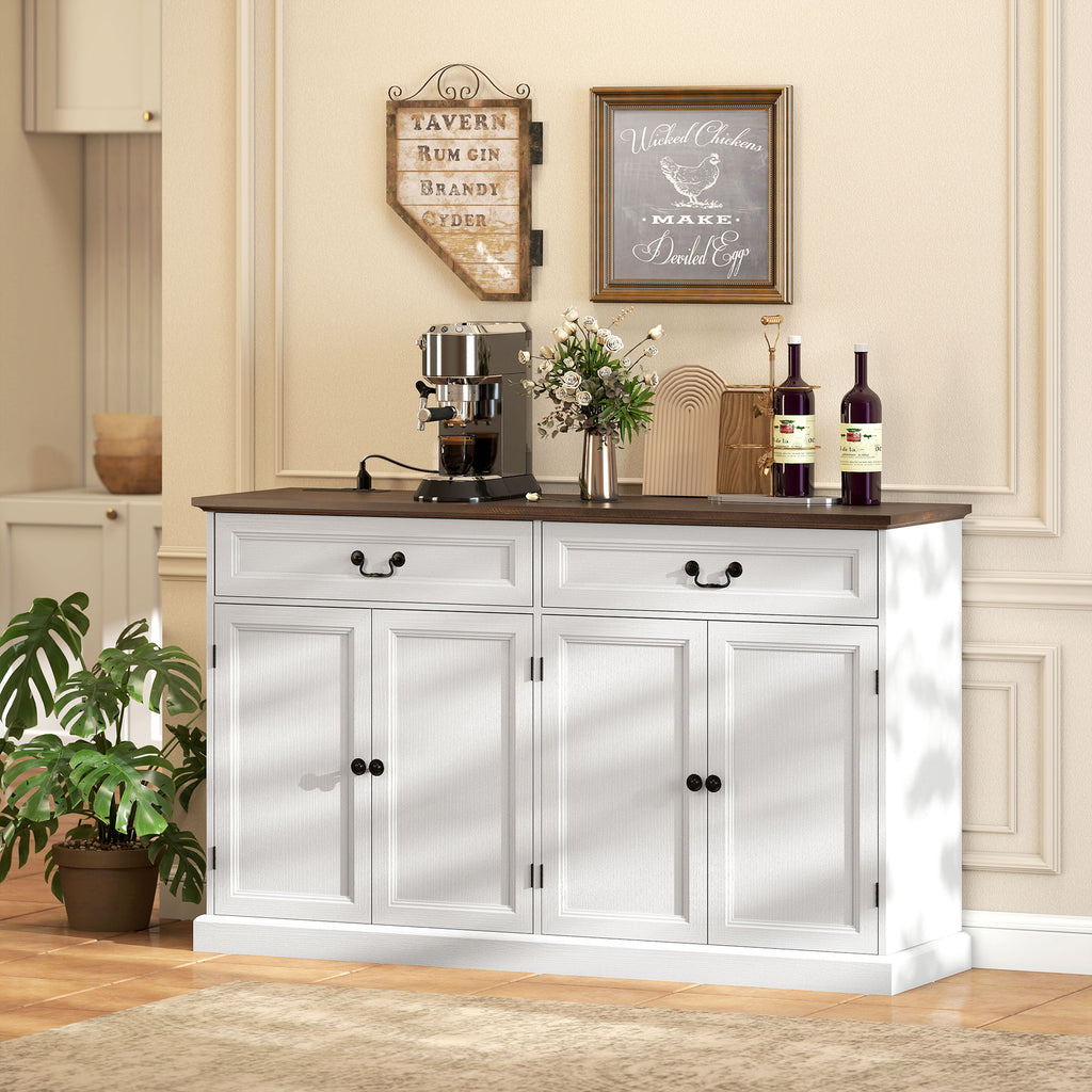 Buffet Cabinet, 55" Farmhouse Sideboard with Charging Station, 2 Drawers and 2 Adjustable Shelves, White Wood Grain