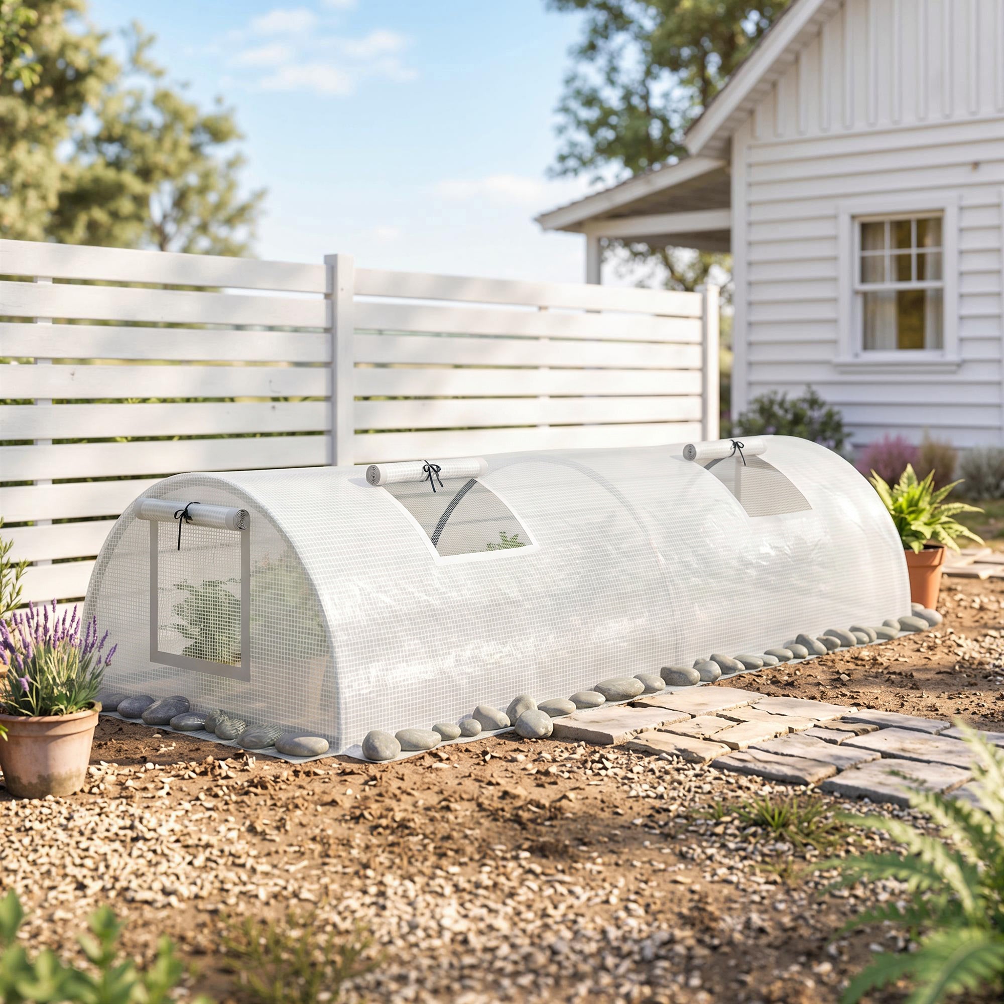 Portable Mini Greenhouse, Tunnel Growing Tent with 5 Mesh Windows and Steel Frame,7' x 3' x 2', White