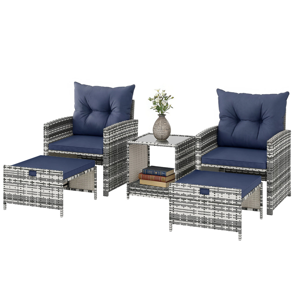 5 Piece Patio Furniture Set, Wicker Patio Chairs with Ottomans, 2-Tier Glass Coffee Table and Cushions, Grey/Dark Blue