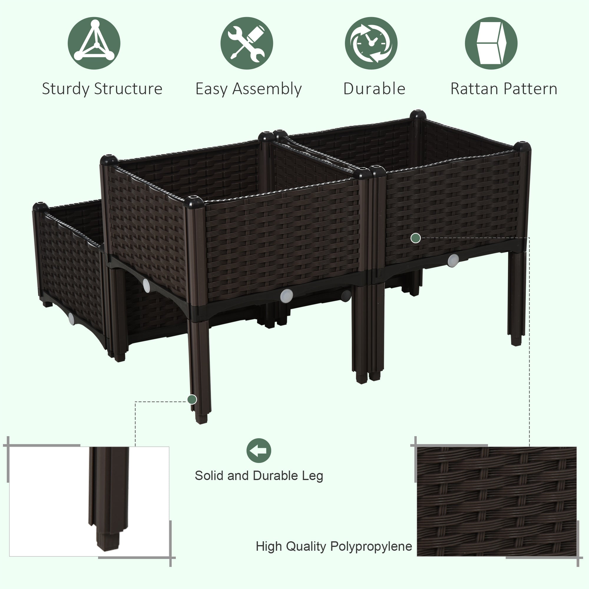 4 Piece Raised Garden Bed PP Raised Flower Bed Vegetable Herb Grow Box Stand Brown