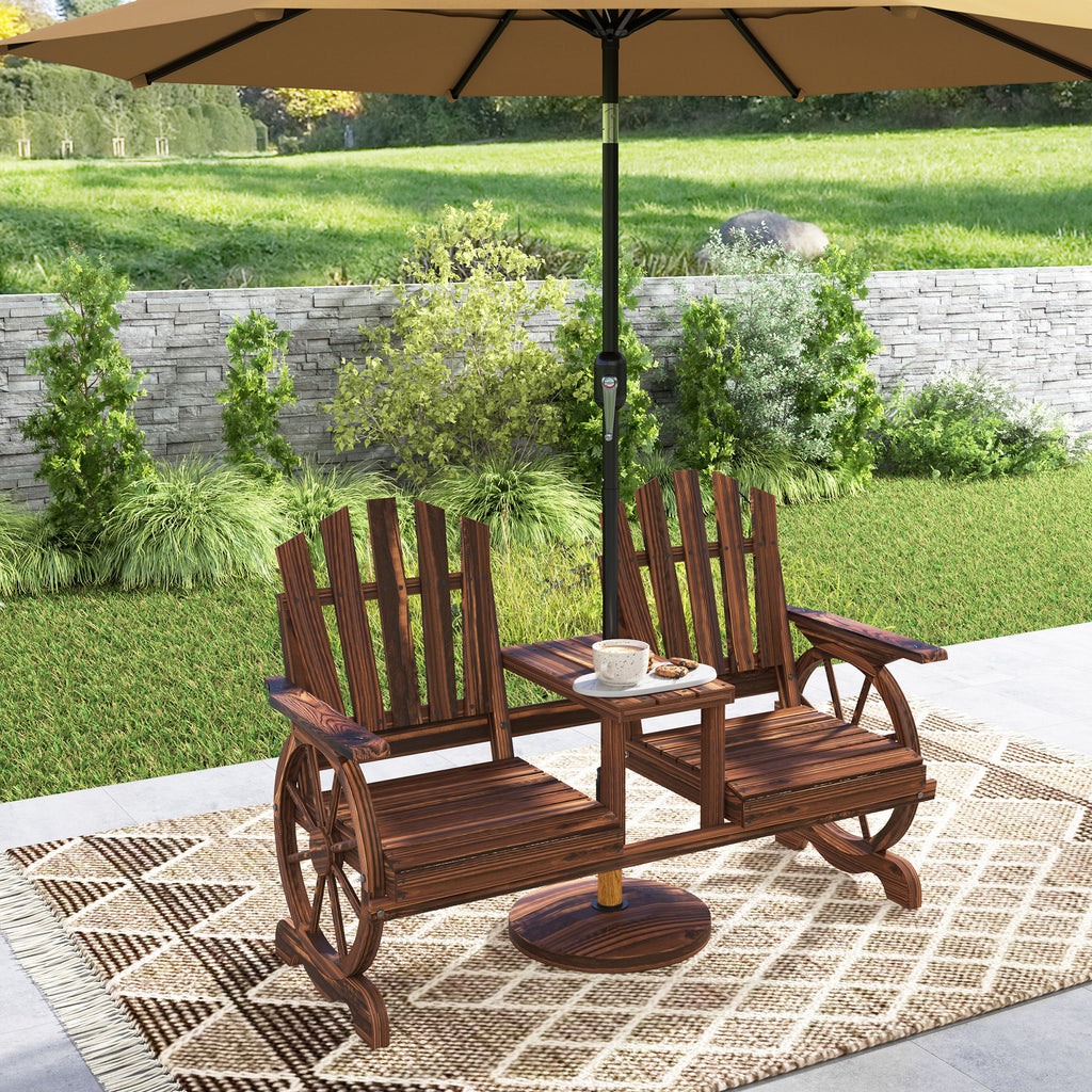 Wooden Outdoor Loveseat, Wagon Wheel Outdoor Bench with Table, Carbonized