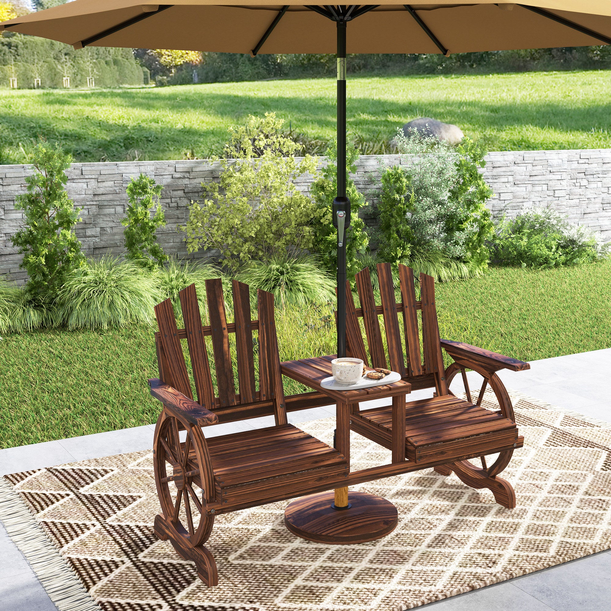 Wooden Outdoor Loveseat, Wagon Wheel Outdoor Bench with Table, Carbonized