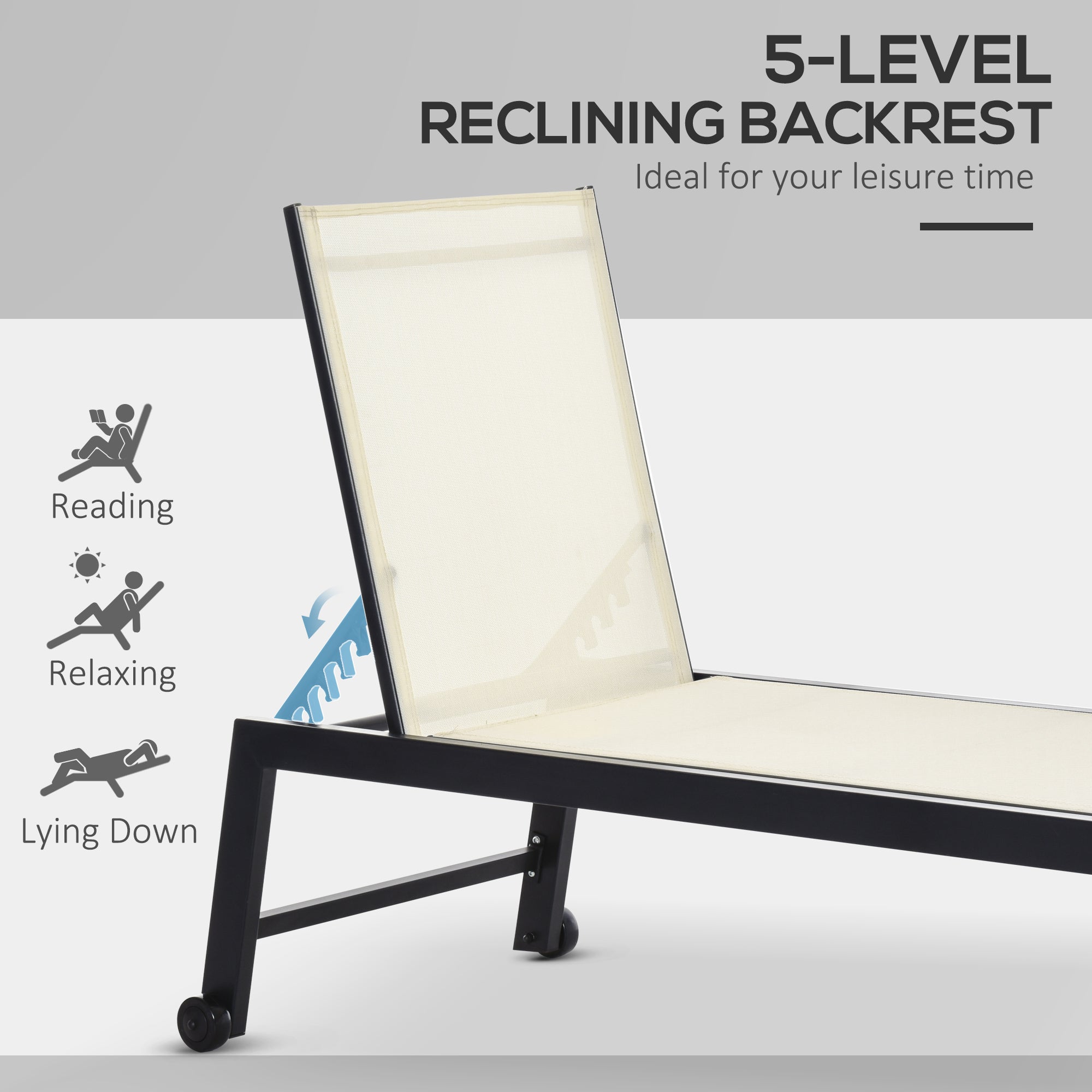 Outdoor Lounge Chair, Patio Lounger with 5-Position Reclining Backrest and 2 Wheels for Poolside, Beach, Lawn, Cream White