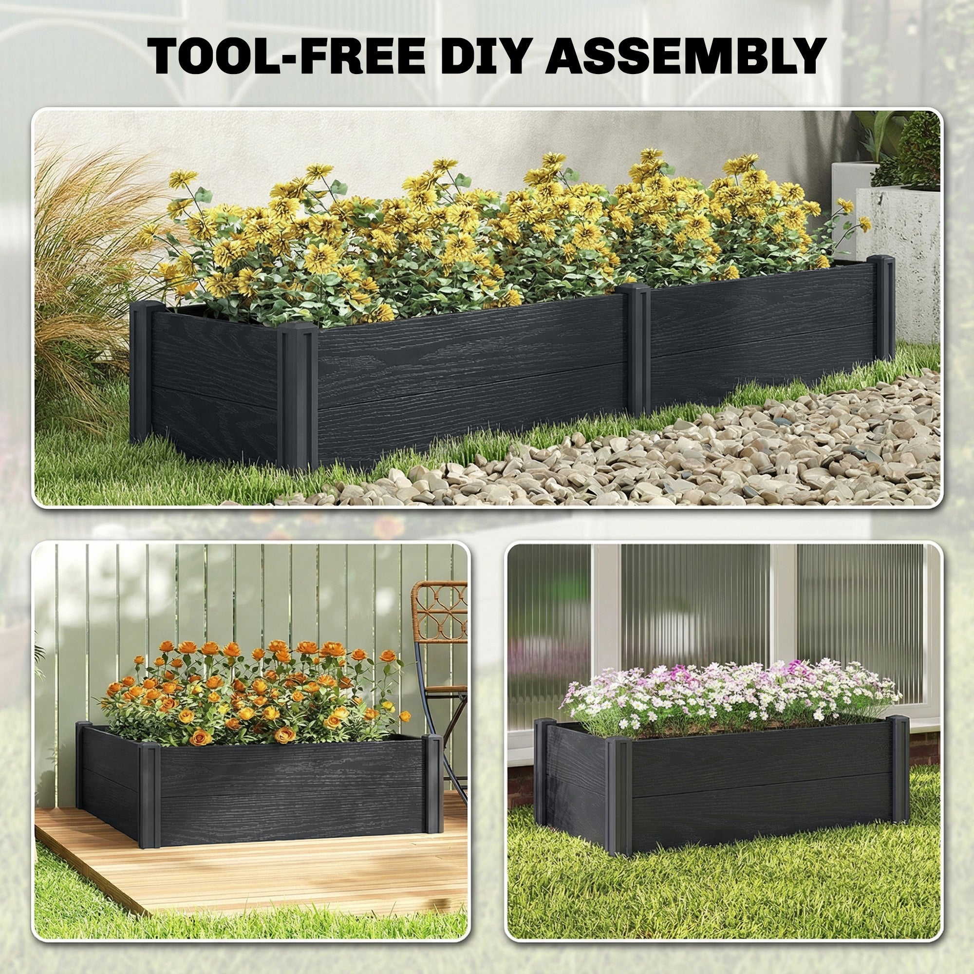 Vinyl Raised Garden Bed Kit, 6.5 x 2 x 1ft Elevated Garden Box with Divider and Open Bottom, Grey Wood Effect