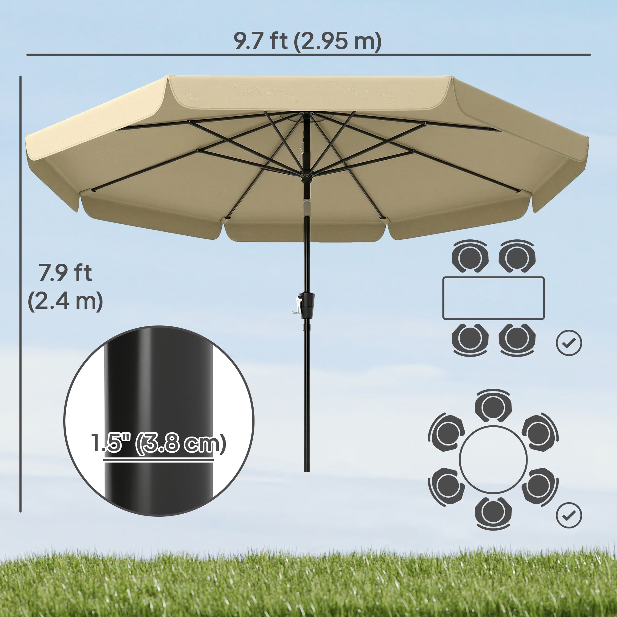 10 ft Patio Umbrella with Push Button Tilt and Crank, Outdoor Market Table Umbrella Parasol, Khaki