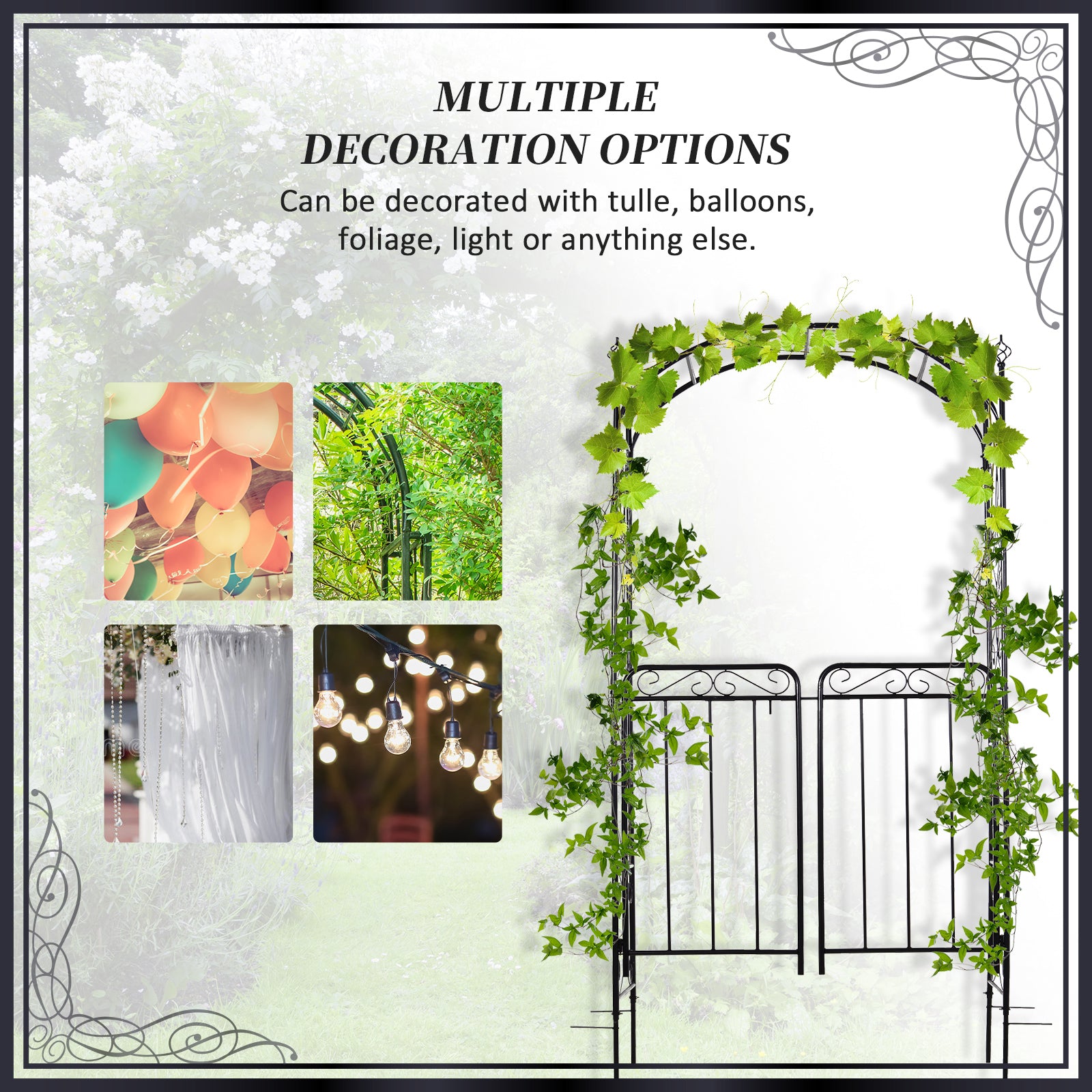 7' Metal Garden Arbor Arch with Scrollwork Doors for Ceremony, Weddings, Party, Backyard, Lawn
