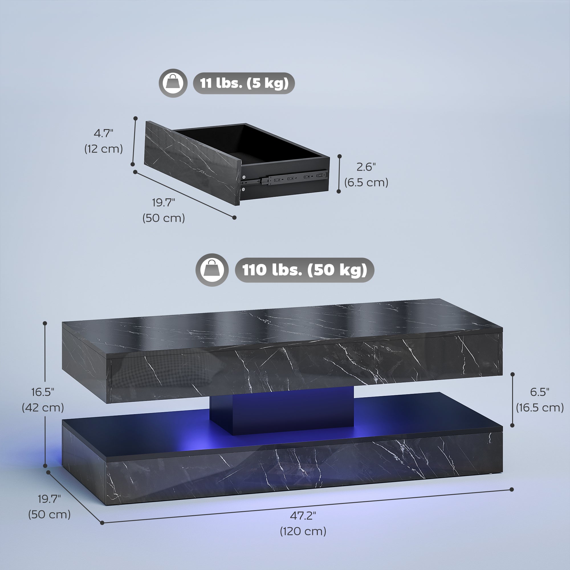 Coffee Table with Adjustable LED Lights, Center Table with 2 Drawers, Open Shelf, Remote, High Gloss Marble-Effect Black