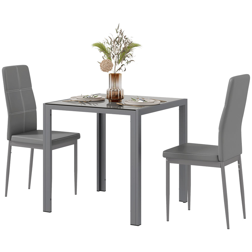 3-Piece Rectangular Glass Kitchen Table and Chairs with Metal Frame and Faux Leather Upholstery for Dining Room, Grey