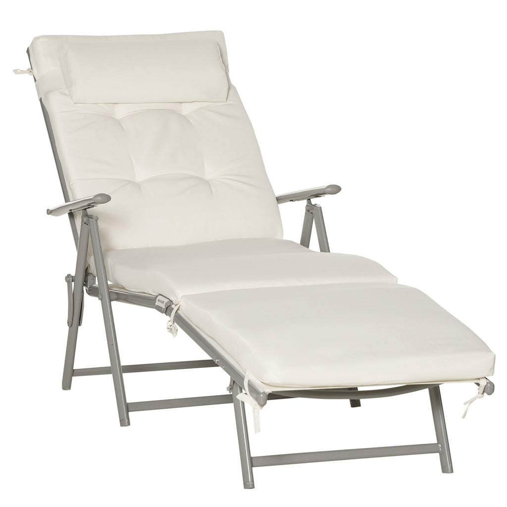 Lounge Chair Outdoor, Folding Patio Chaise Lounger, 360 lbs 7-Position Adjustable Back Outdoor Recliner with Cushion, Headrest for Garden, Backyard, Poolside, Cream White