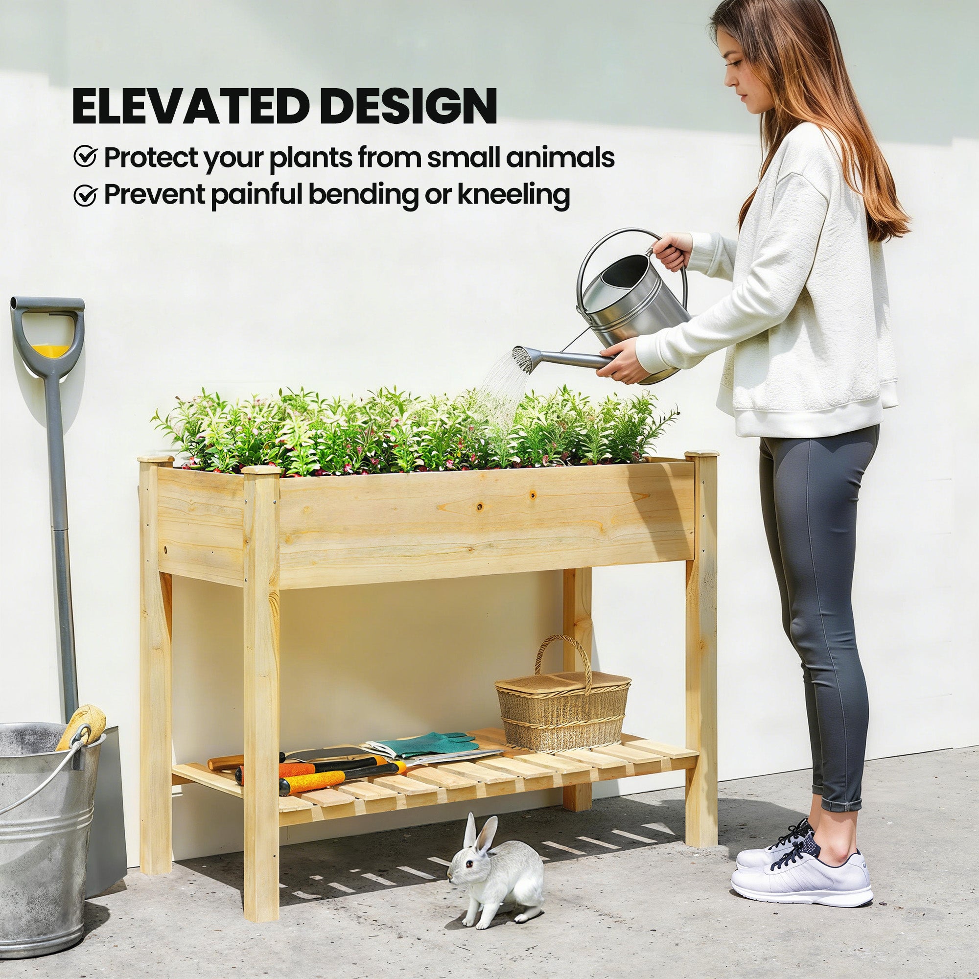 Elevated Planter Box with Legs and Storage Shelf, Raised Garden Bed, Elevated Wooden Planter Box, Natural