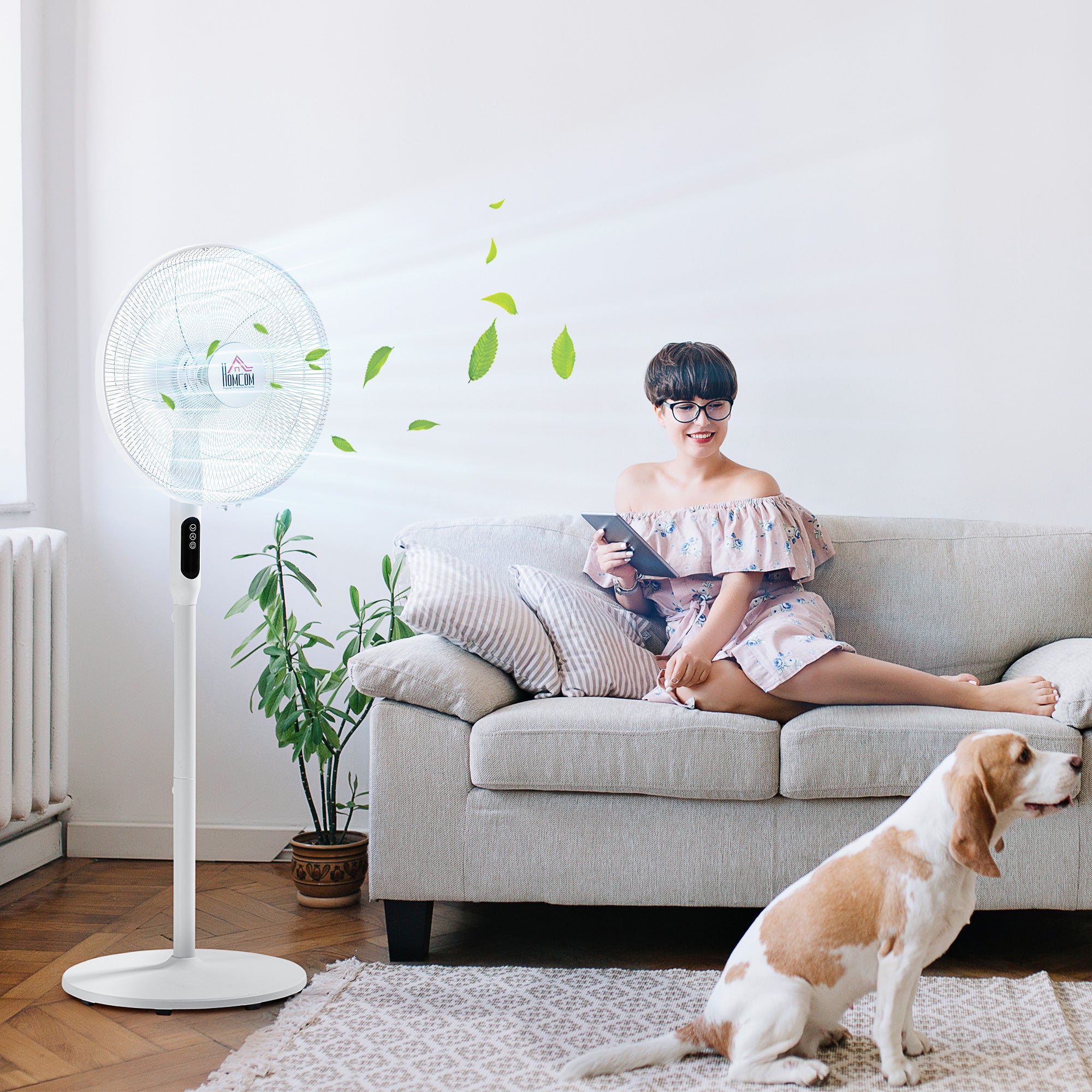 Floor Standing Fan with Remote Control, Oscillating, LED Screen, Stand Up Cooling Fan, Tall Pedestal Electric Fan for Home Bedroom, White