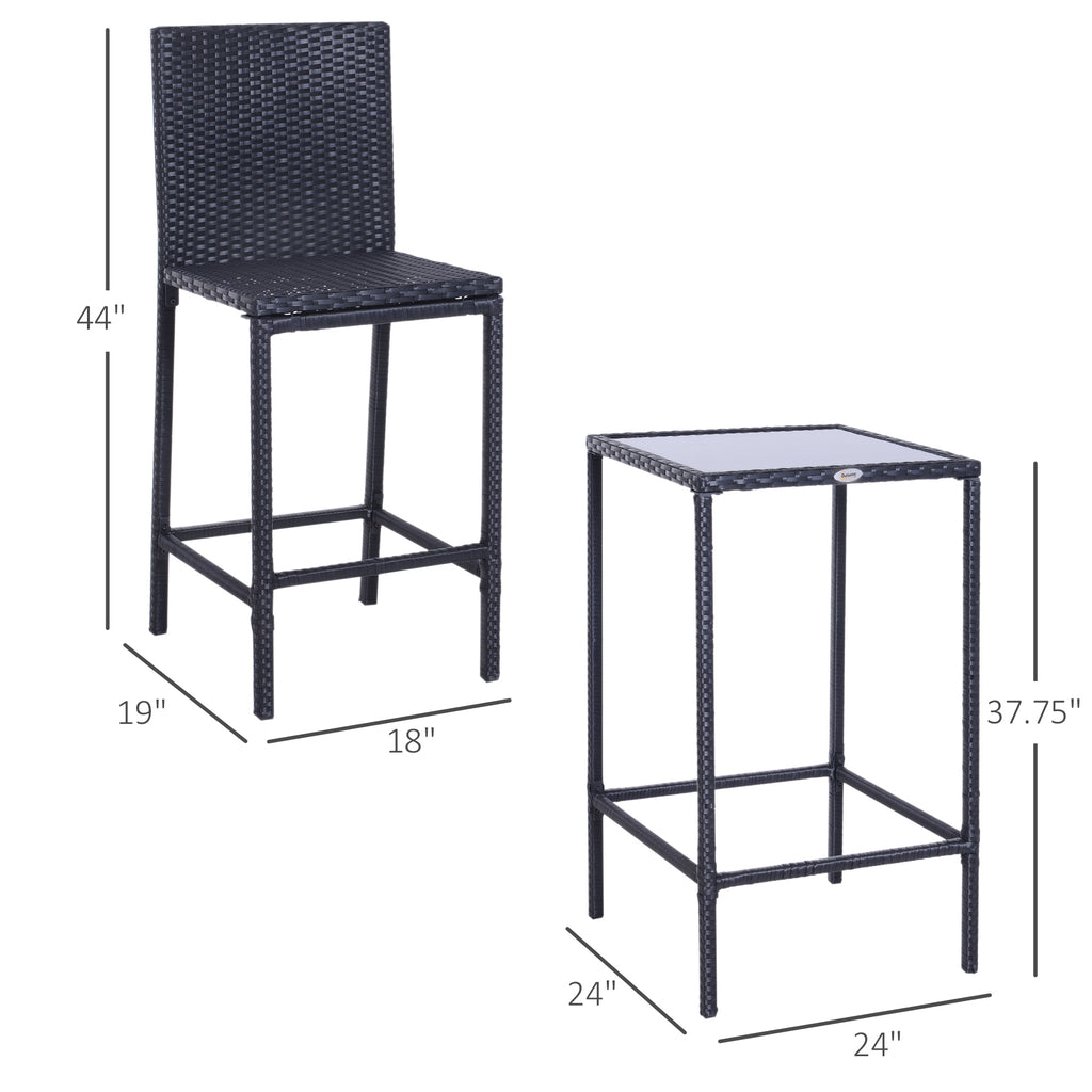 3 Piece Patio Bar Set Wicker Rattan Garden Bistro Set Barstool and Table for Patio Backyard Balcony Poolside, Black