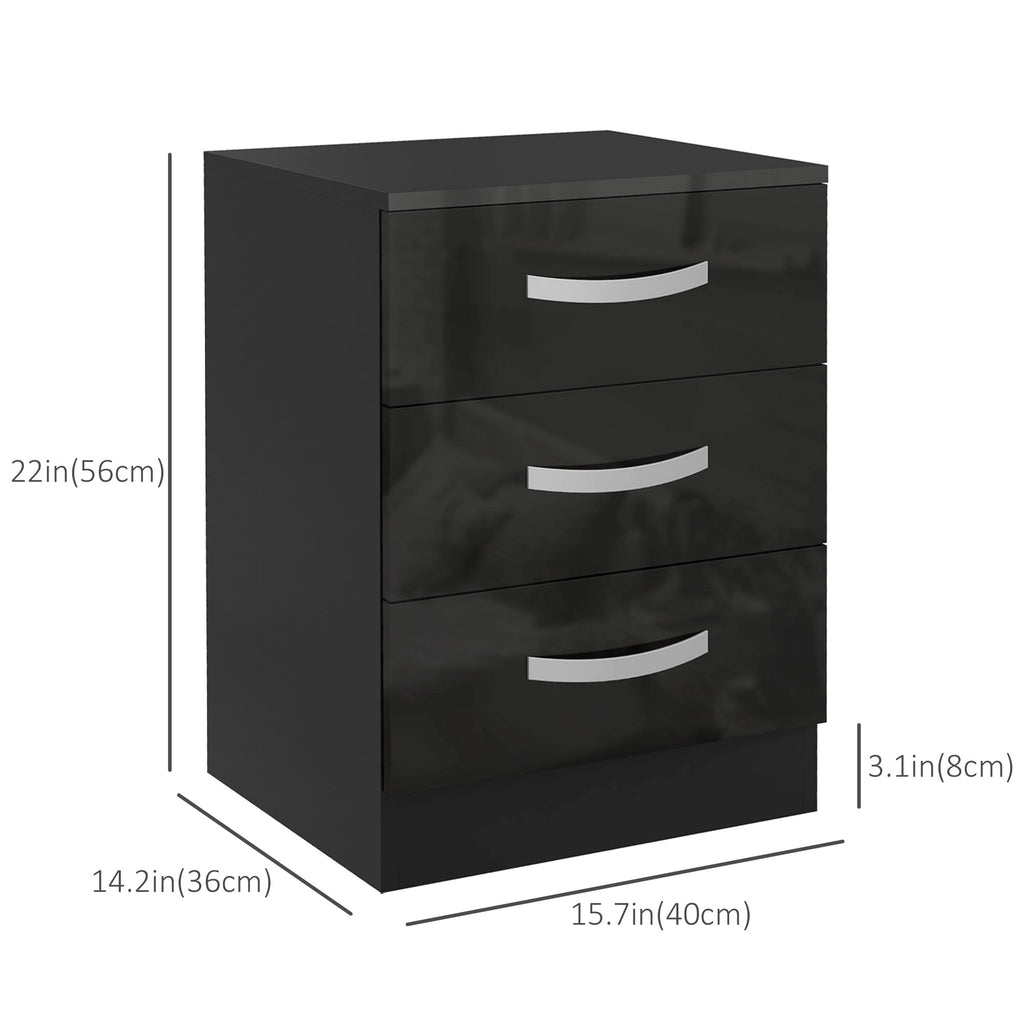 Bedside Table Set of 2, Modern Nightstand with Drawers and High Gloss Fronts, Night Table for Bedroom, Black