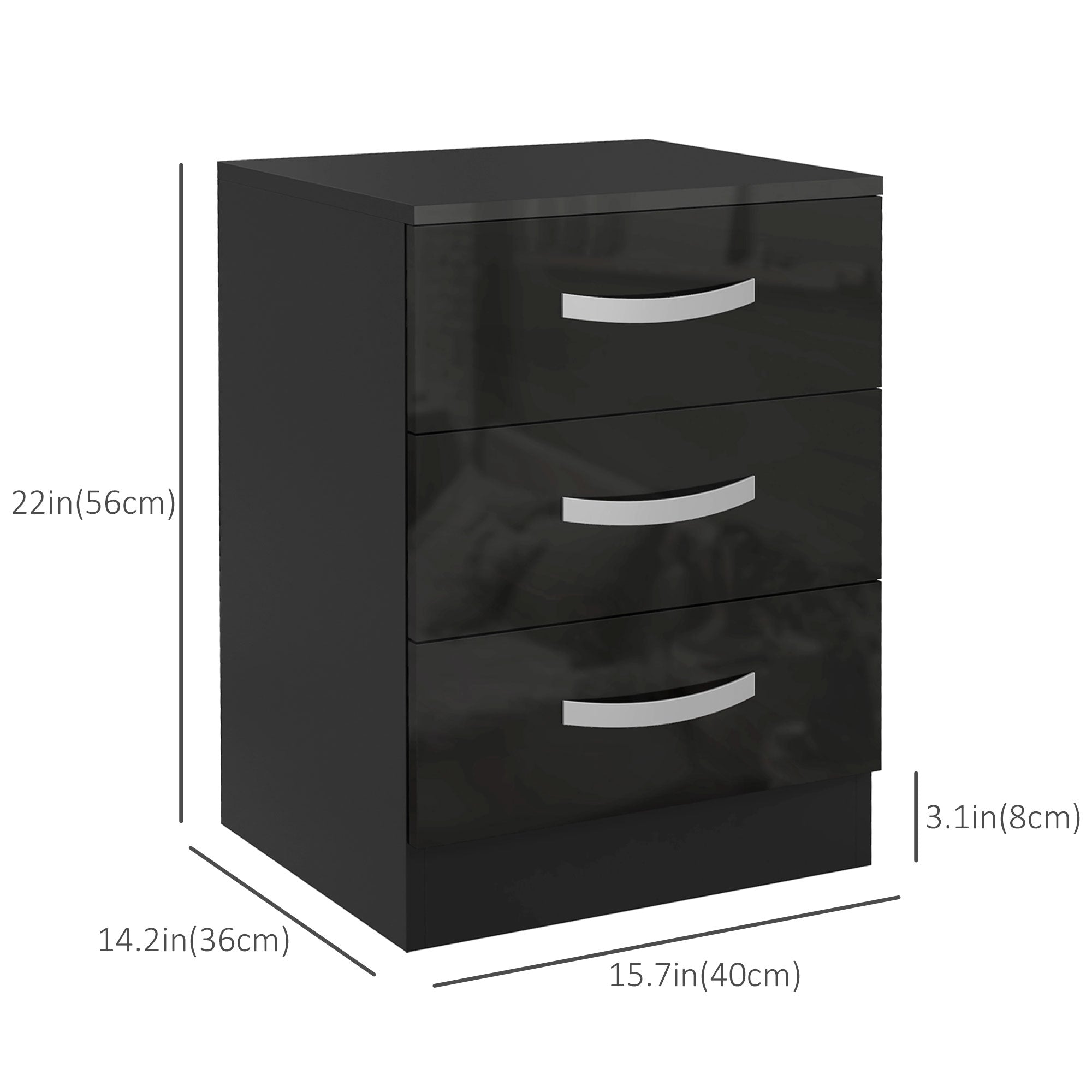 Bedside Table Set of 2, Modern Nightstand with Drawers and High Gloss Fronts, Night Table for Bedroom, Black