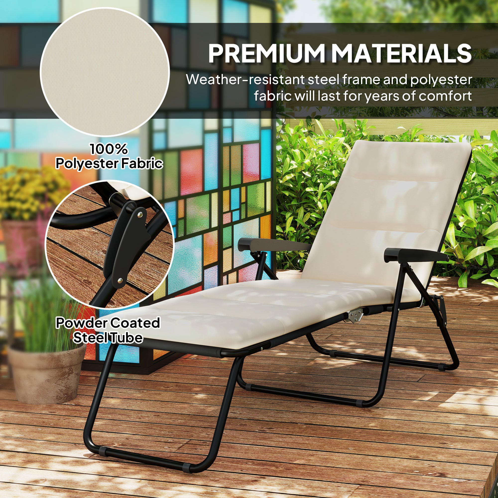 Foldable Lounge Chair, Reclining Patio Sun Lounger with 6-Position Adjustable Back, Beige