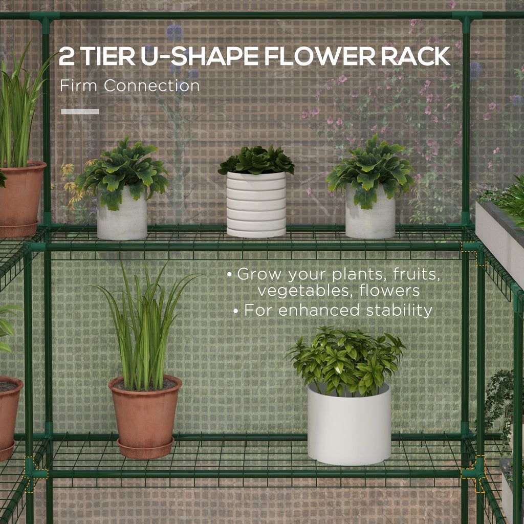 Portable Greenhouse, Walk-In Small Outdoor Green House with 2 Tier U-Shaped Flower Rack Shelves, 4.6' x 4.7', White