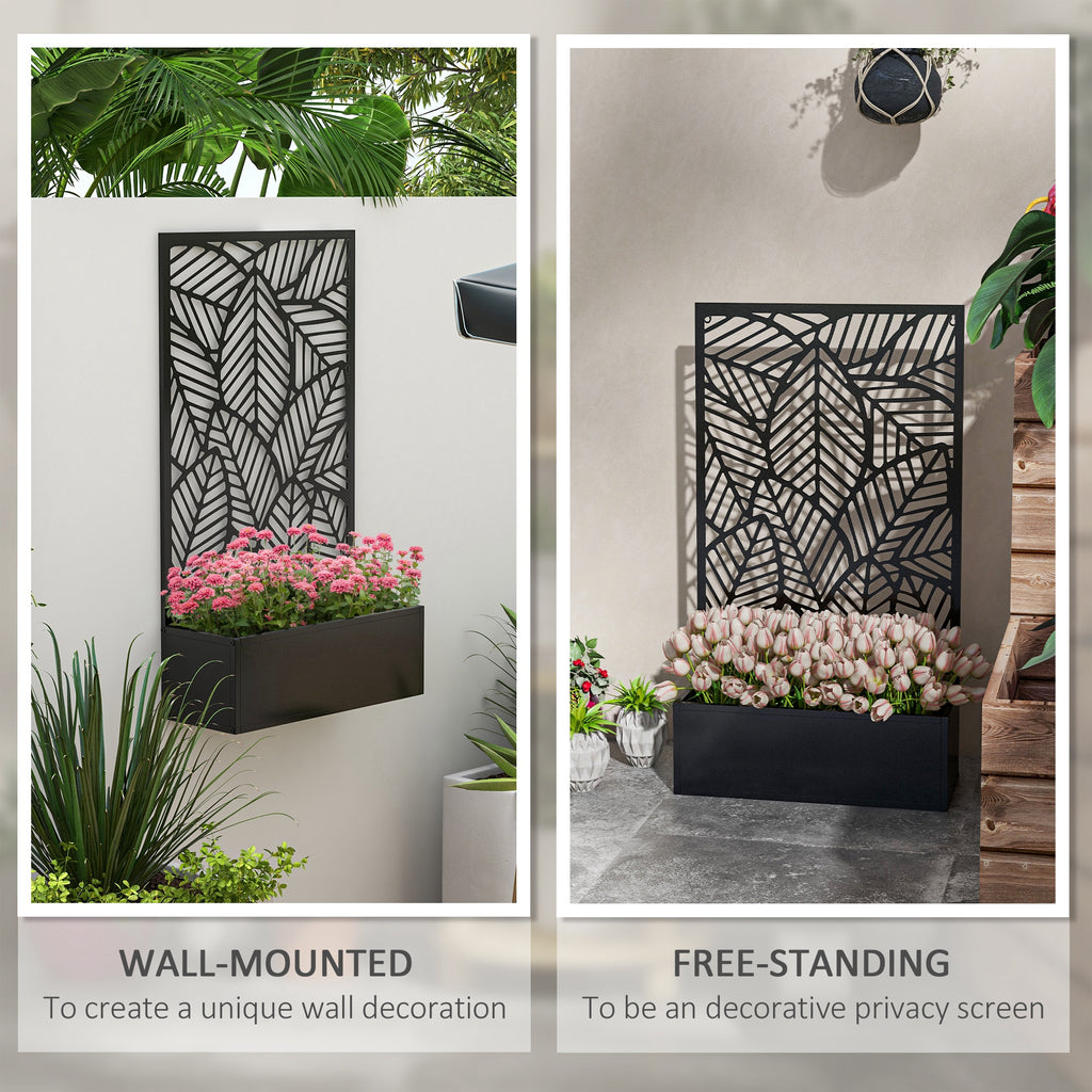 Metal Outdoor Raised Garden Bed with Privacy Screen, Privacy Panel and Planter Box, Wall-Mounted or Freestanding, Black