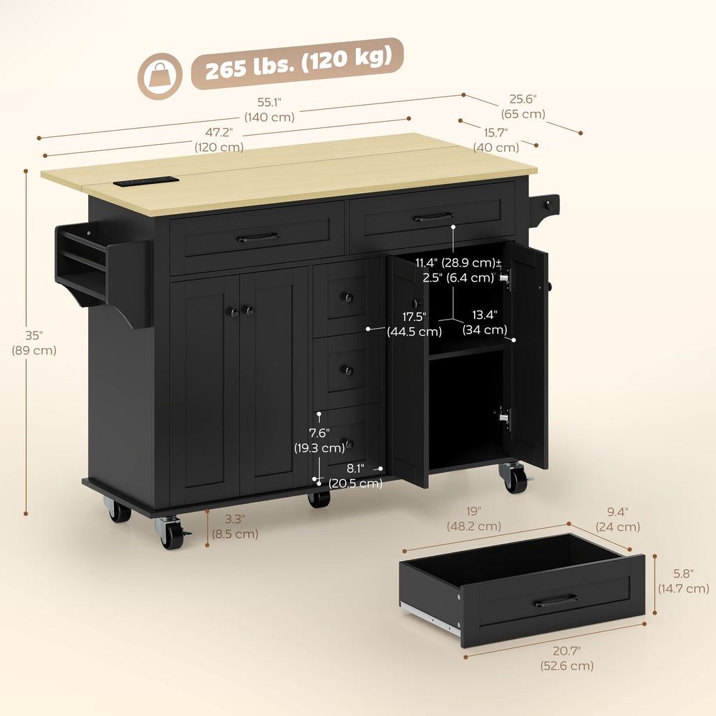 Kitchen Island Cart with Power Outlet & Drop Leaf, 55" Rolling Kitchen Island on Wheels with Storage, Black