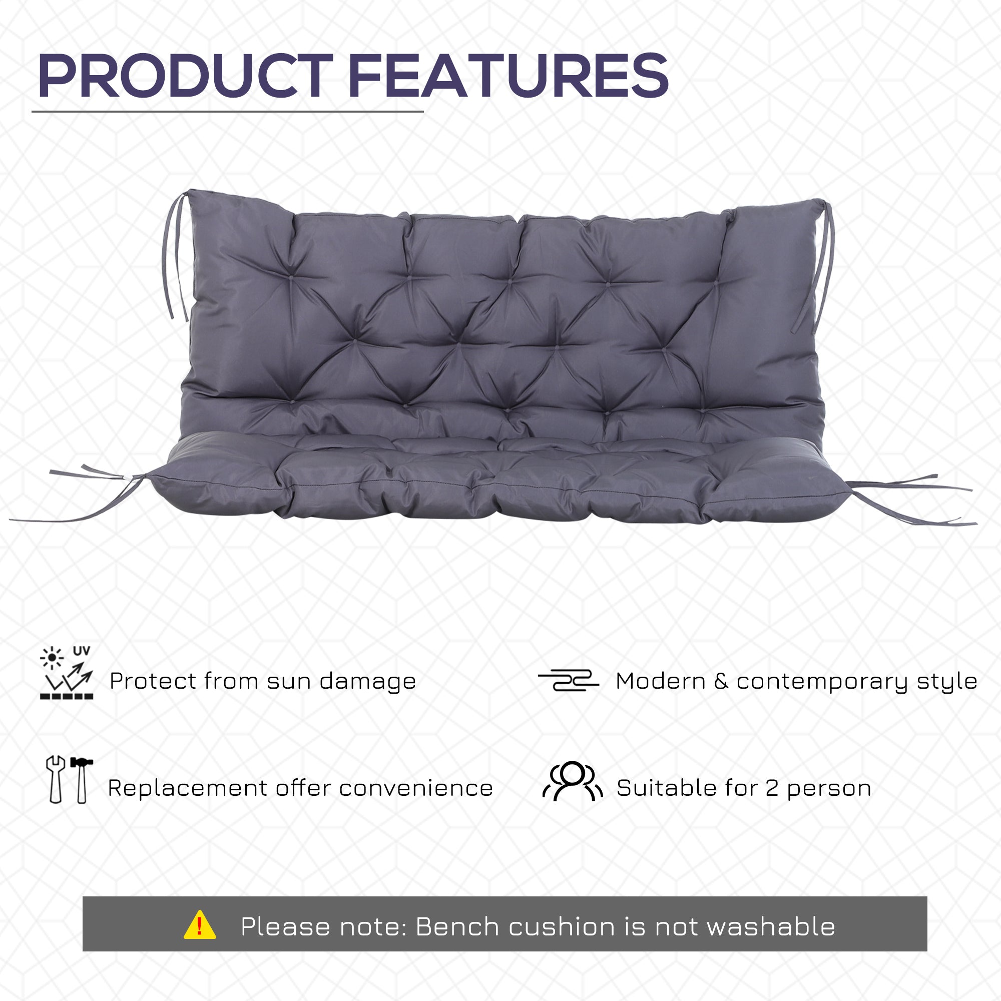 2 Seater Garden Bench Cushion, Soft Thick Outdoor Non-Slip 2 Seater Soft Pad With Backrest for Garden Patio, 52" x 43" x 4", Dark Grey