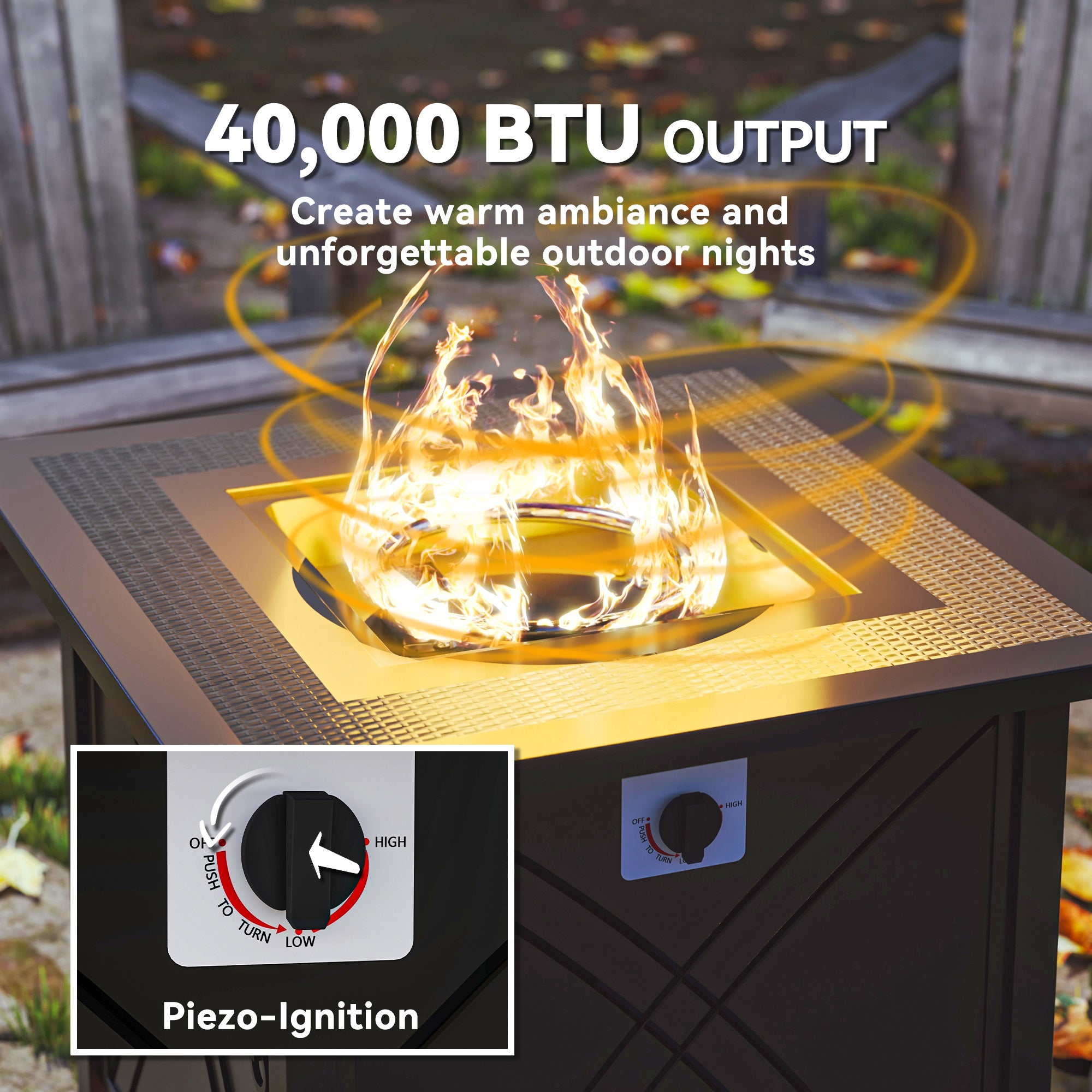 28" Propane Fire Pit Table 40,000 BTU Square Outdoor Gas Fire Table with Waterproof Cover, Adjustable Foot Pads