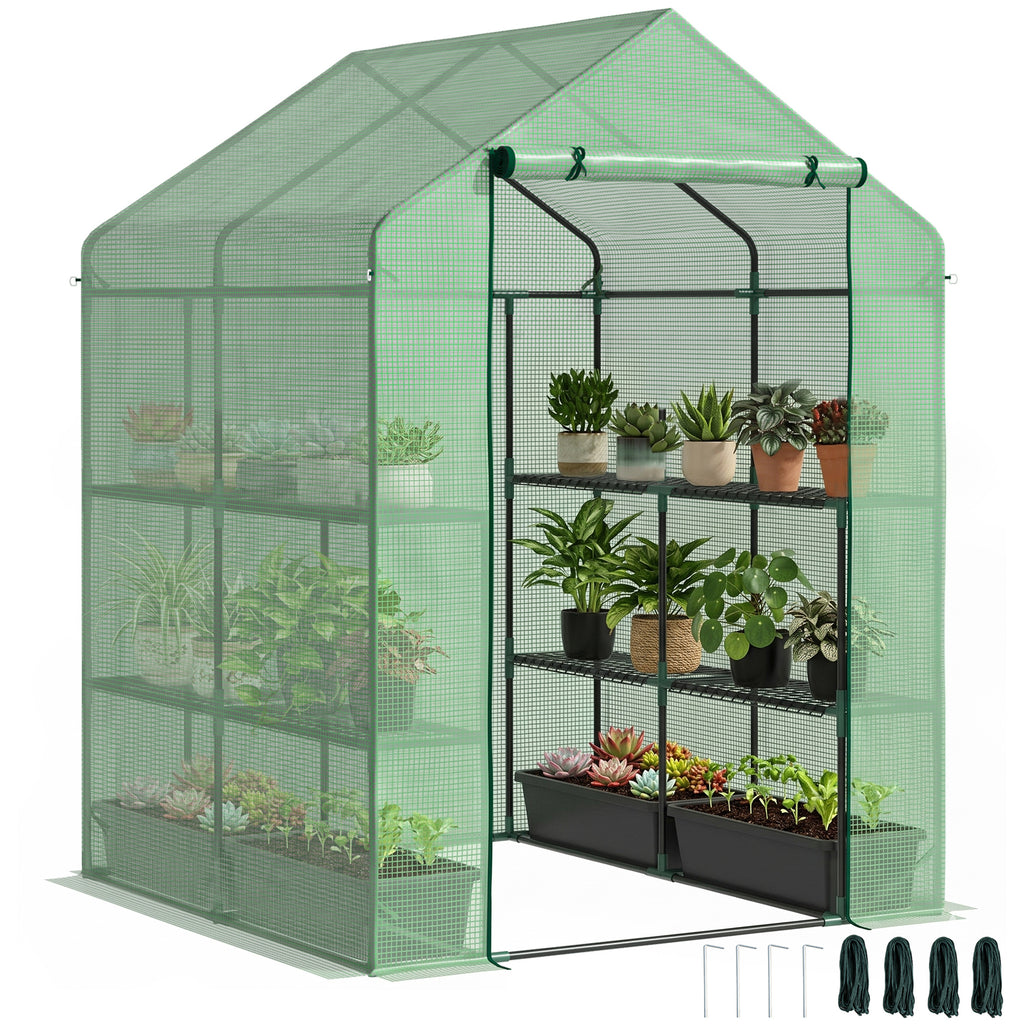 56" x 54" x 74" Walk-in Greenhouse Portable Garden Flower Seed Warm House with 8 Shelves, Outdoor Plant Growth Hot House, PE Cover, Green