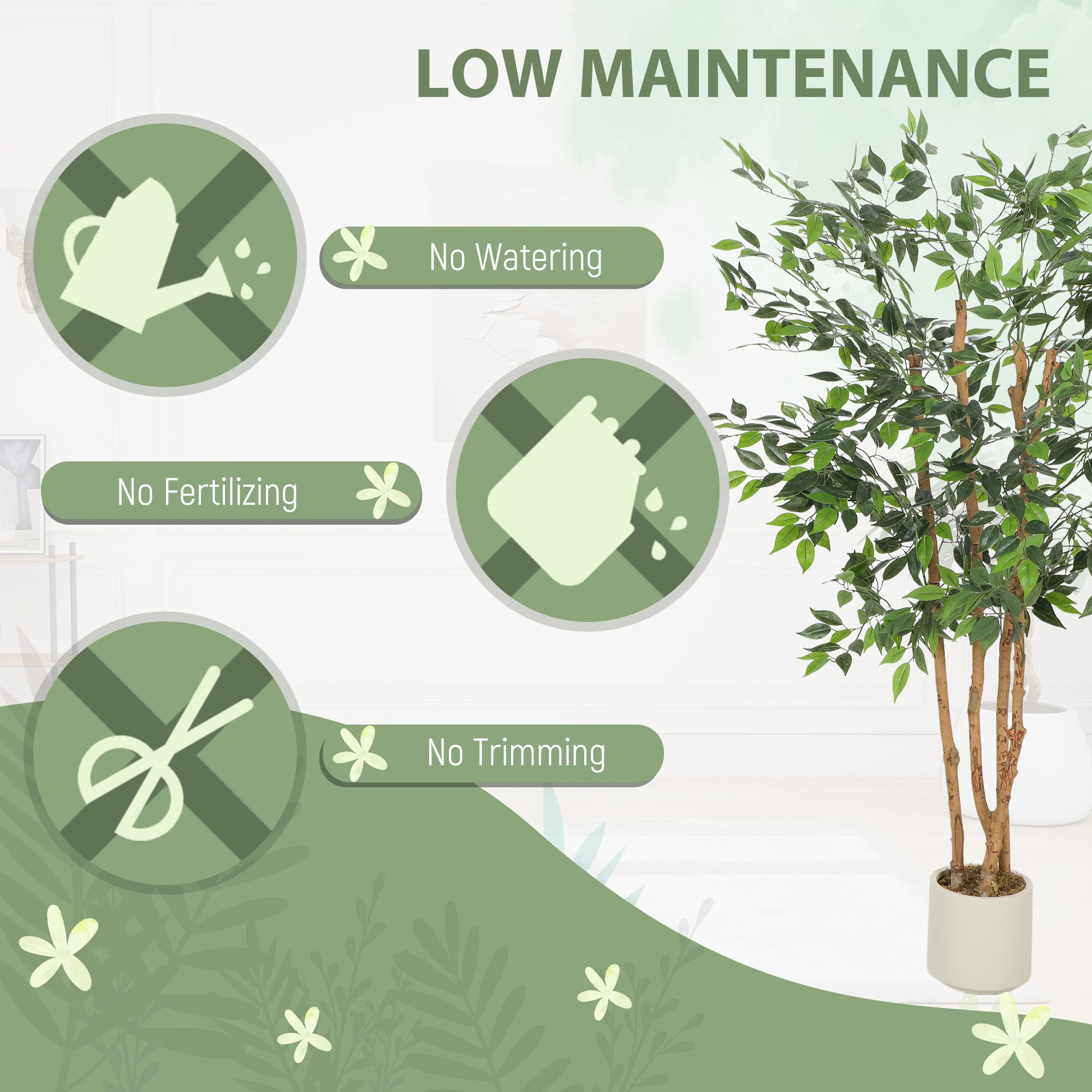 5FT Artificial Banyan Tree Set of 2, Fake Potted Tree with Solid Wood Trunk and Pot for Indoor