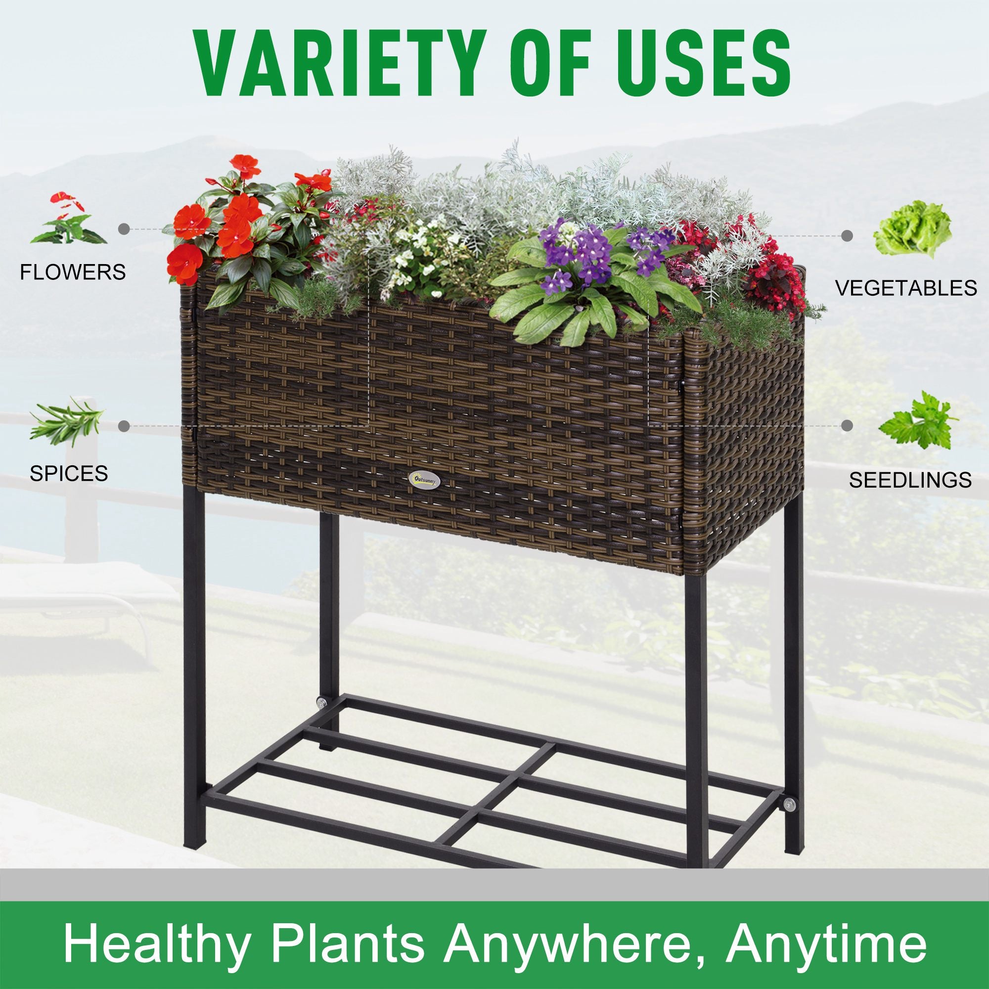 Rattan Raised Garden Boxes, Elevated Flower Beds with Storage Shelf for Herbs, Flowers, Vegetables, Brown
