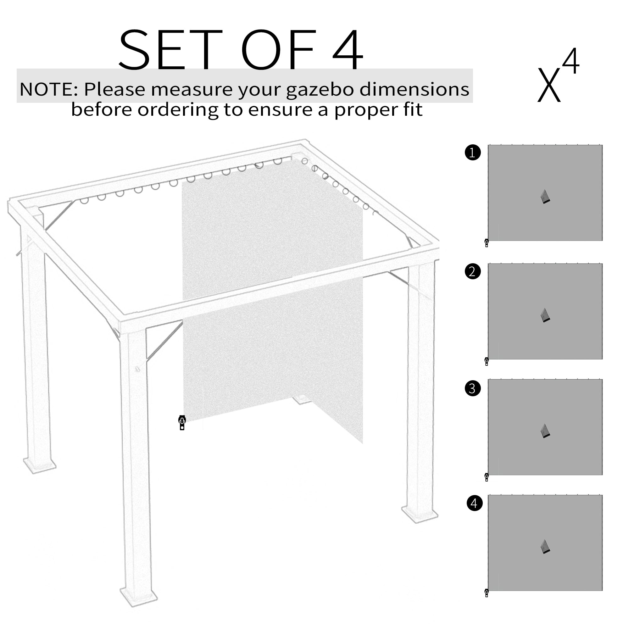 Gazebo Curtains, 10' x 10' Universal Replacement Privacy Curtain, 4-Panels Sidewall with Hooks/C-Rings, Light Grey