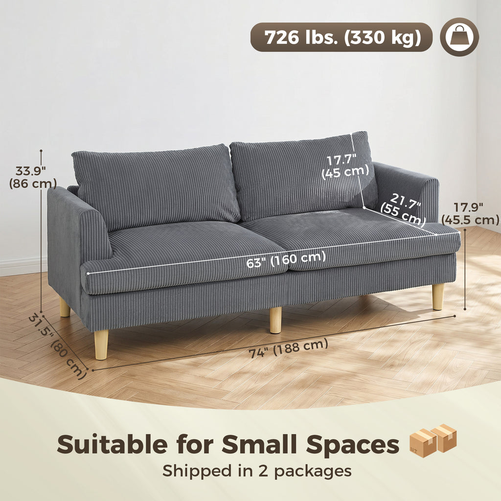 3 Seater Sofa, 74" Modern Corduroy Upholstered Couch with Thick Spring Cushions, Solid Wood Legs, Armrests, Dark Grey