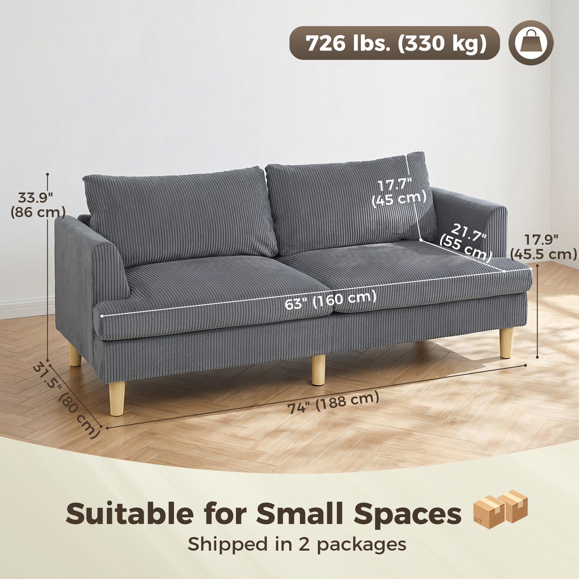 3 Seater Sofa, 74" Modern Corduroy Upholstered Couch with Thick Spring Cushions, Solid Wood Legs, Armrests, Dark Grey