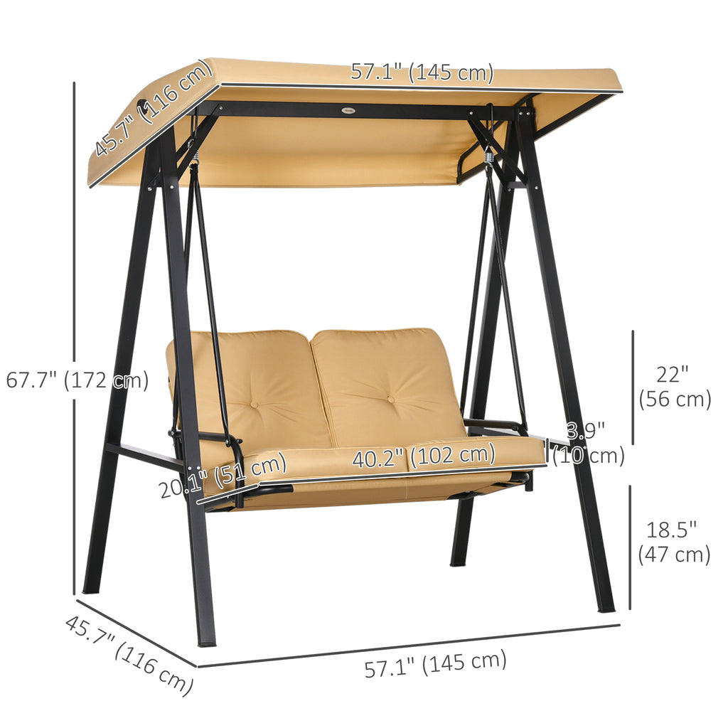 2-Seater Outdoor Porch Swing with Adjustable Canopy, Patio Swing Chair for Garden, Poolside, Backyard, Beige