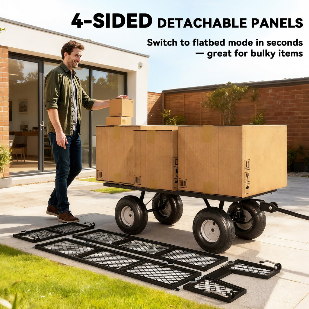 Steel Garden Cart, Utility Wagon Cart with Removable Liner, Quick-Release Sides, 10" Wheels, 660lbs Capacity