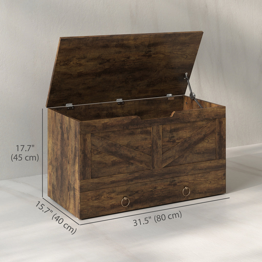 31.5 Inches Storage Chest, Storage Trunk with 2 Safety Hinges for Living Room, Rustic Brown