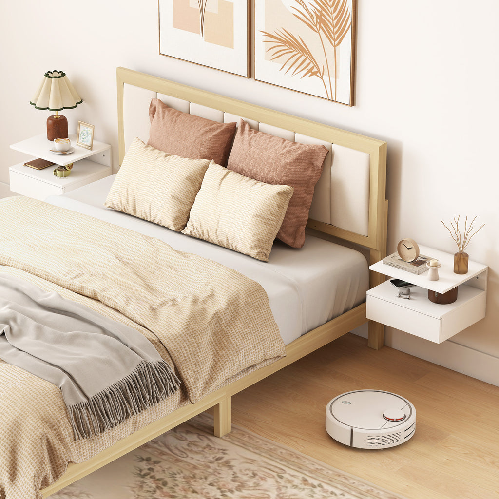 Floating Nightstand Set of 2, Wall Mounted Bedside Table with Drawer and Shelf, Small Night Stand for Bedroom, White