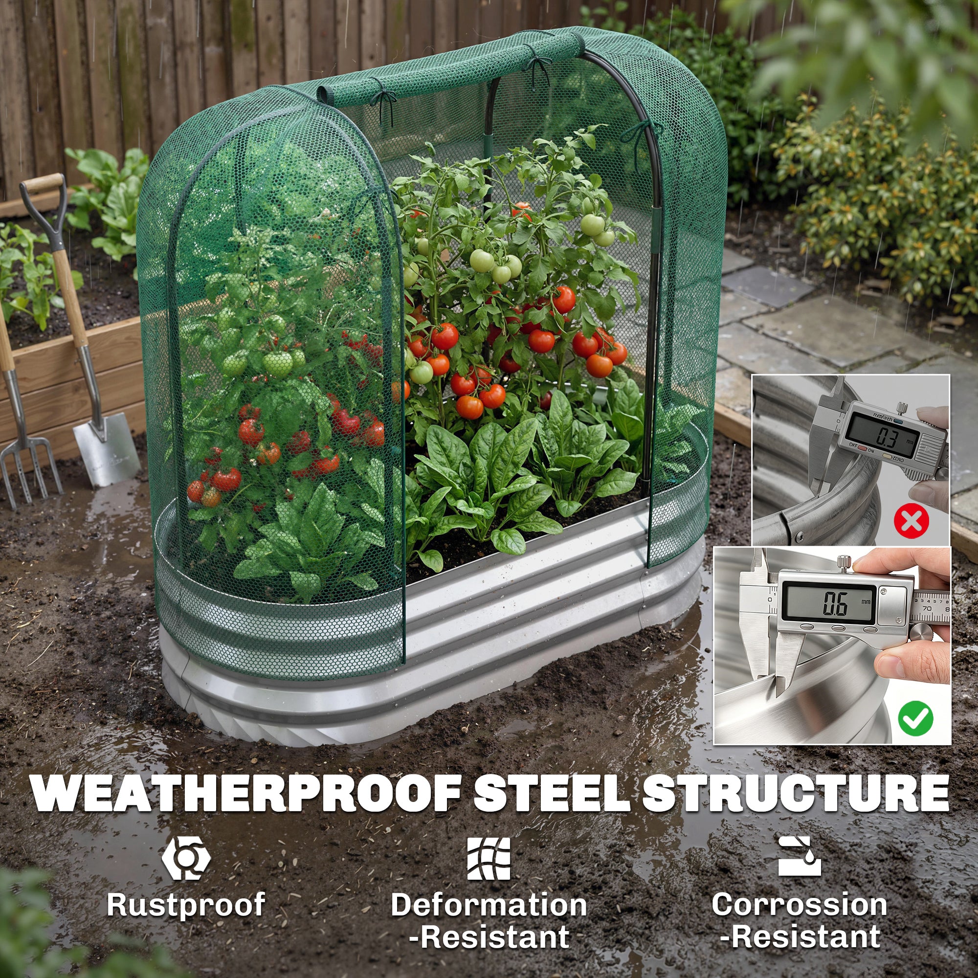 Galvanized Raised Garden Bed with Crop Cage Protection Net Cover, Outdoor Planter Box for Vegetables, Flowers, Herbs