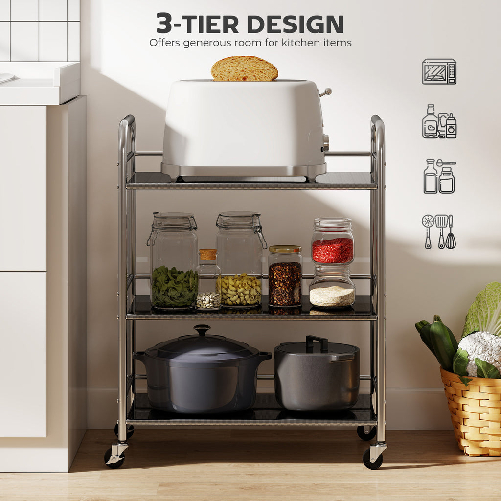 3 Tier Stainless Steel Rolling Cart with Adjustable Shelf, Utility Cart on Wheels with Handles for Kitchen, Silver