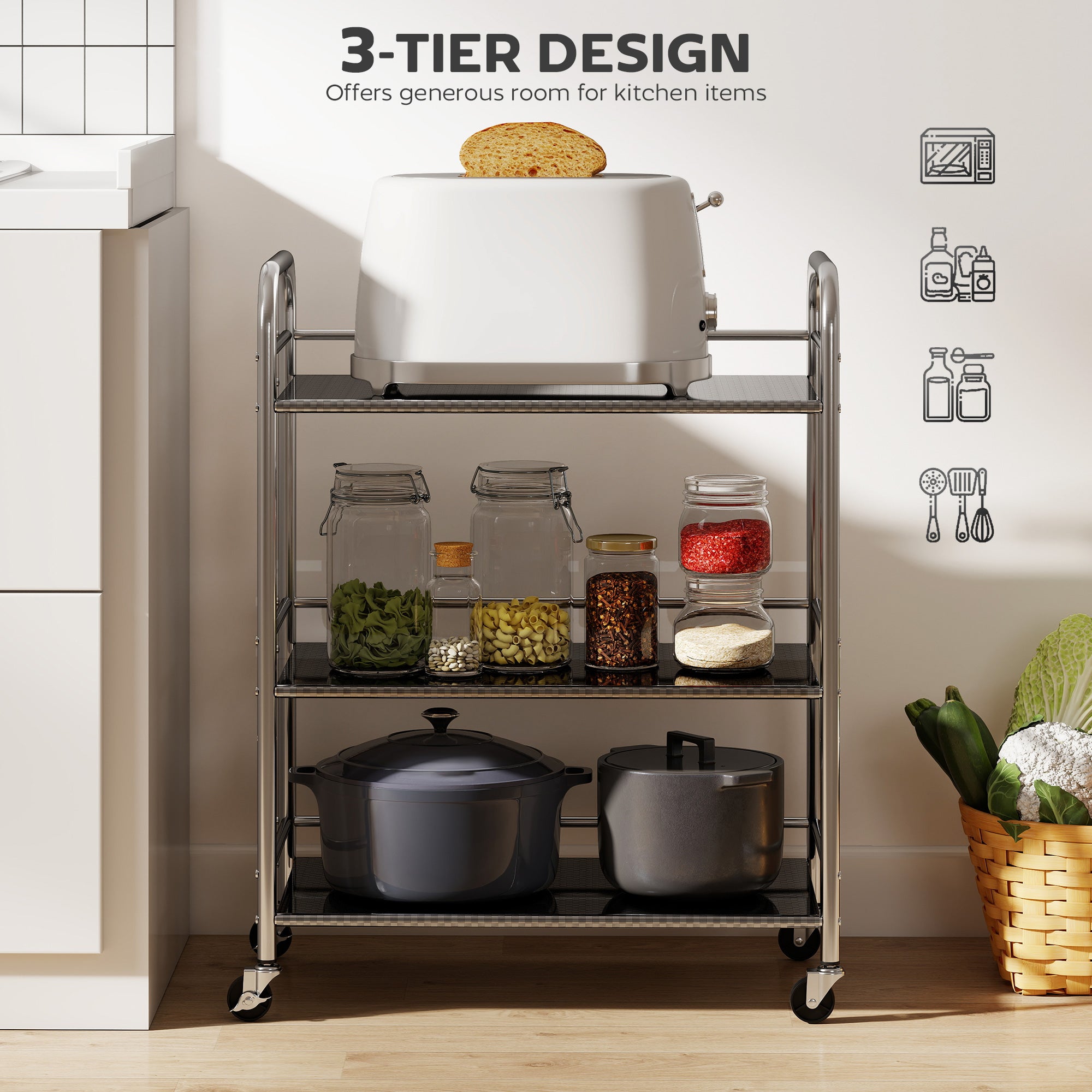 3 Tier Stainless Steel Rolling Cart with Adjustable Shelf, Utility Cart on Wheels with Handles for Kitchen, Silver