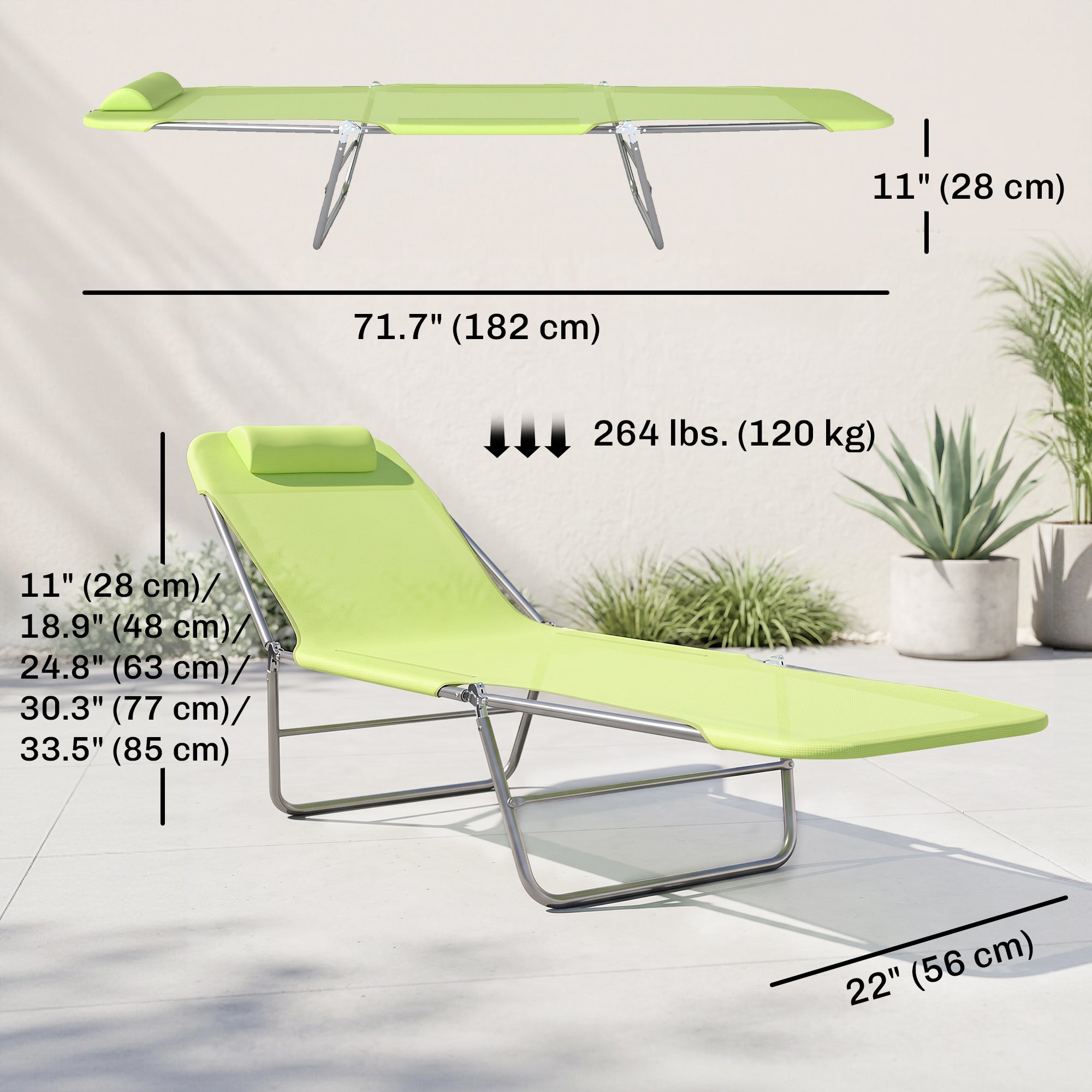 Outdoor Lounge Chair, Portable Adjustable Reclining Seat Folding Chaise Lounge Patio Camping Beach Tanning Chair Bed with Pillow, Light Green