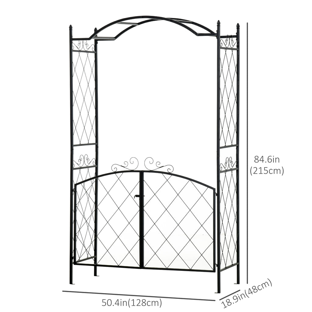 7FT Metal Garden Arch with Gate Climbing Planter Frame Backyard Decor for Vines Morning Glory Black