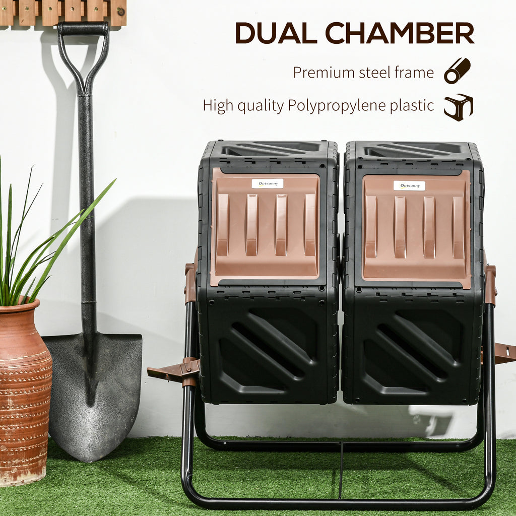 Rotating Composter, Dual Chamber Compost Bin with 24 Vents and Steel Legs, 34.5 Gallon, Brown