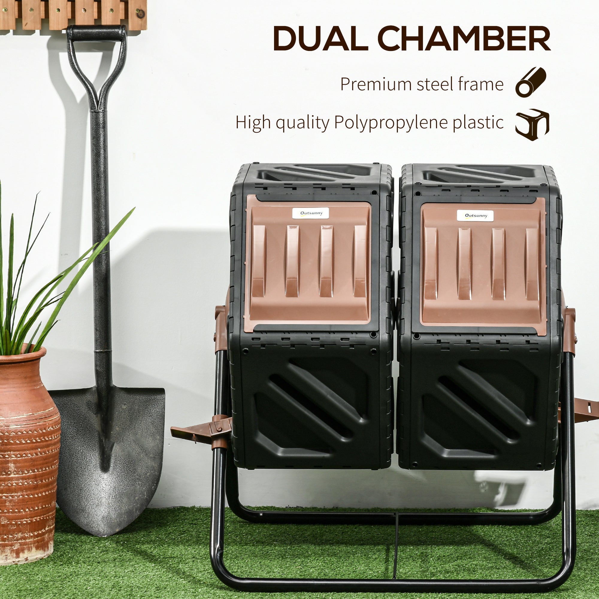 Rotating Composter, Dual Chamber Compost Bin with 24 Vents and Steel Legs, 34.5 Gallon, Brown